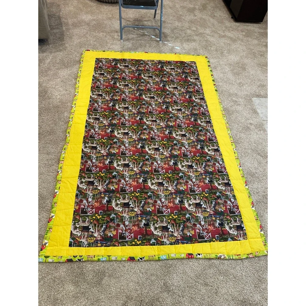 Handmade Farm Animal Quilted Throw Blanket‎ Yellow Border Green Tractor Backing